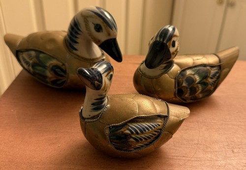 Set 3 anatre vintage messicane Tonala ceramica ottone corazzato dipinte a mano - Foto 2 di 12