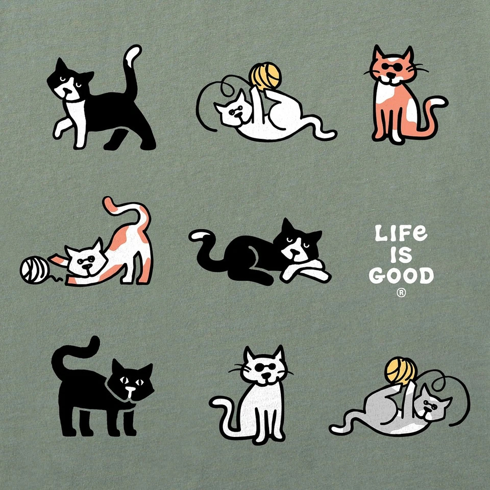 La vida es buena. Camiseta trituradora vintage Al The Cat Grid SS para mujer, verde musgo Foto 2 de 2