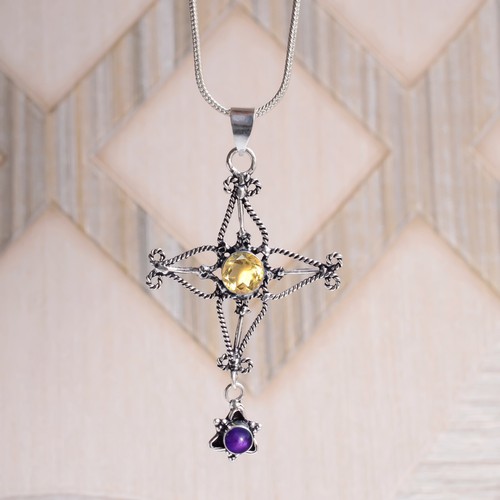 Yellow Citrine Cut, Amethyst Gemstone Pendant 925 Sterling Silver Cross Jewelry - Picture 4 of 6