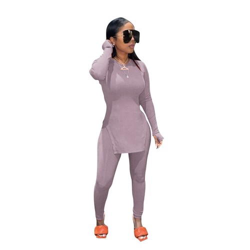 Set pantaloni donna manica lunga tinta unita spacco laterale bodycon club party casual slim - Foto 11 di 12