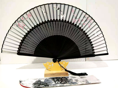 Japanese Silk Fan painted Crane n Sakura Flower Good Quality Timber Fan DSF023A - Picture 1 of 11