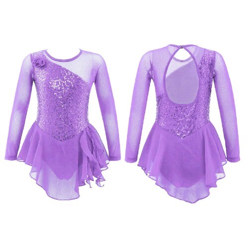 Mädchen Kind Netz Langarm Pailletten Gymnastik Turnanzug Kleid Bühne Performance - Bild 7 von 26