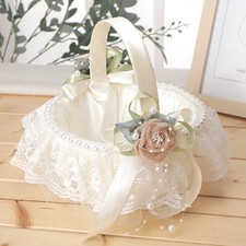 Ivory Wedding Flower Girl Basket Decorated with Lace Pearl Romantic Wedding F...