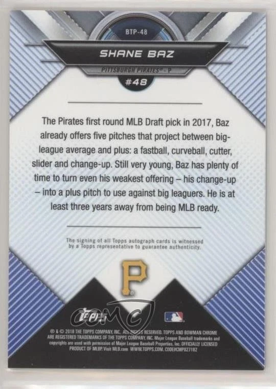 2018 Bowman Bowman Scouts' Top 100 Refractor Auto /50 Shane Baz #BTP-48 Auto - Image 2 of 2