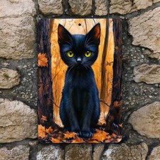 Halloween Black Cat Metal Sign   Spooky Fall Wall Decor   Autumn Forest 8x12