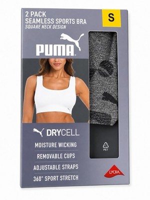 PUMA Women s 2 Pack Seamless Sports Bra Square Neck DryCELL Gray Size S 