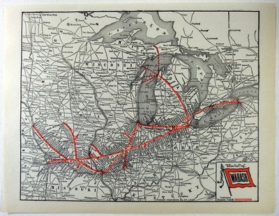 Wabash Railroad - Original Systemkarte von 1929 von Parker Gravur. Vintage