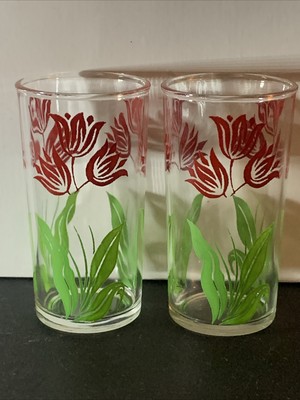Vintage Set Of Two 6 oz. Hazel Atlas Glasses W/Red Flowers 4.5  Tall Collectible