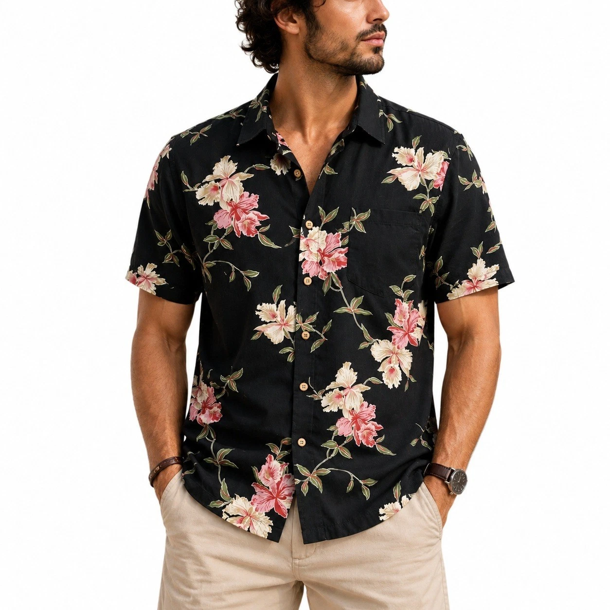 Cooke Street Mens Black Floral Hibiscus Cotton Hawaiian Button Down Shirt
