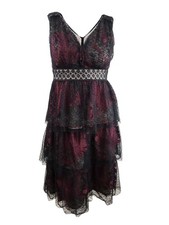 Taylor Women's Tiered Lace Tulle Midi Dress (6, Black/Burgundy)