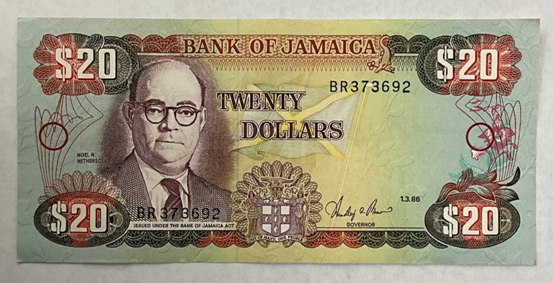 Jamaica $20 Banknote 1999 Jamaican Colorful 20 Dollars Bill Currency