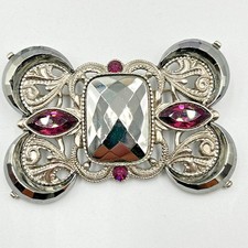 Vintage Victorian Style Silver Tone Brooch Purple Marquise & Smokey Grey Crystal
