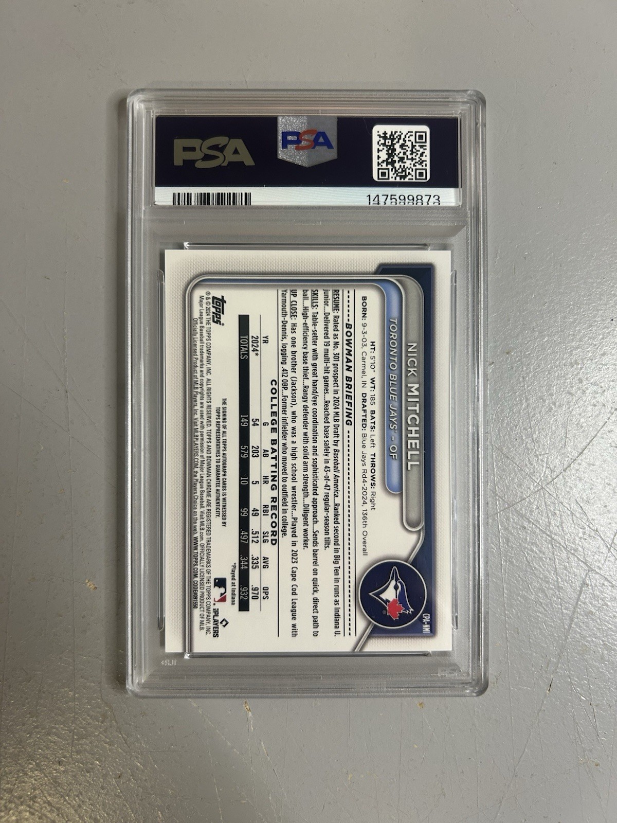 2024 Bowman Draft Chrome Nick Mitchell 1st Prospect Auto Purple 158/250 PSA 9 view 3