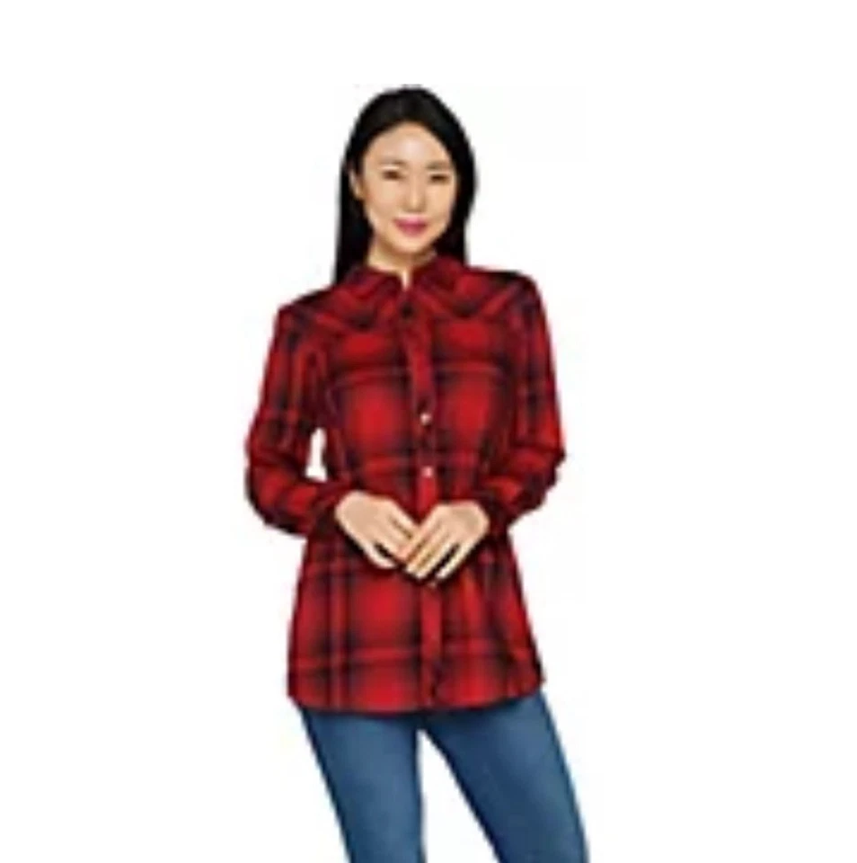 Denim & Co. Camisa a Cuadros Larga Slv Botón Cuello Frontal-Rojo Manzana-L-A296210 Foto 3 de 4