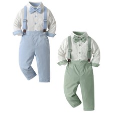 Baby Boys 3-Piece Christening Shirt Elegant Bowtie Button Suspender Pants Cute