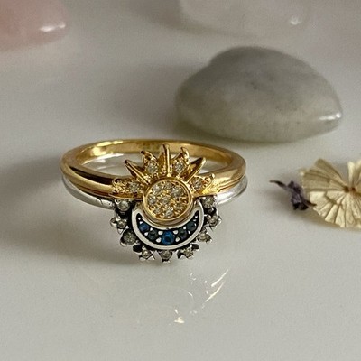 Celestial Sun & Moon Style Ring Set  S925 With Cubic Zircons- Size 52