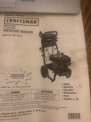 #ad SEARS CRAFTSMAN OPERATORS MANUAL PRESSURE WASHER MODEL 580.752212 3000 PSI $7.95
