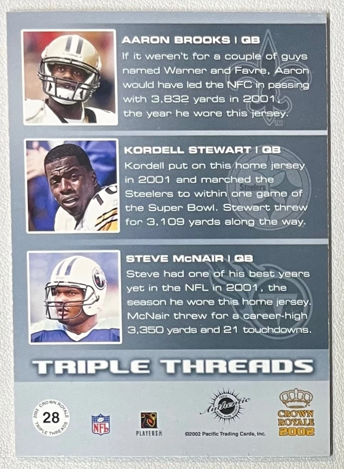 Crown Royale Triple Threads 2002 Steve McNair Kordell Stewart Aaron Brooks 24/25 Foto 2 de 2