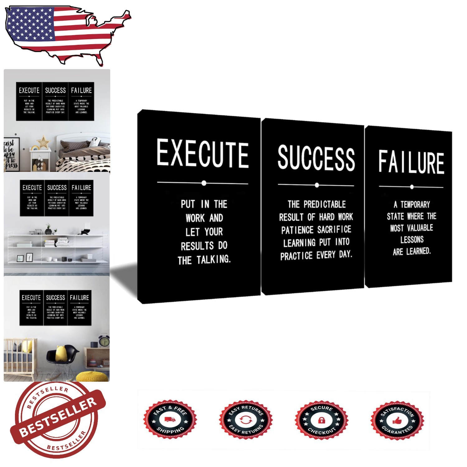 Premium 3-Panel Inspirational Canvas Prints - Motivational Living Room Art