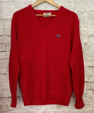 Vintage IZOD Lacoste Sweater Mens LARGE Red V Neck Pullover Long Sleeve Acrylic
