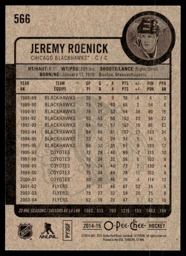 2014-15 O-Pee-Chee RETRO LEGEND Jeremy Roenick Chicago Blackhawks #566 R60 - Picture 2 of 2