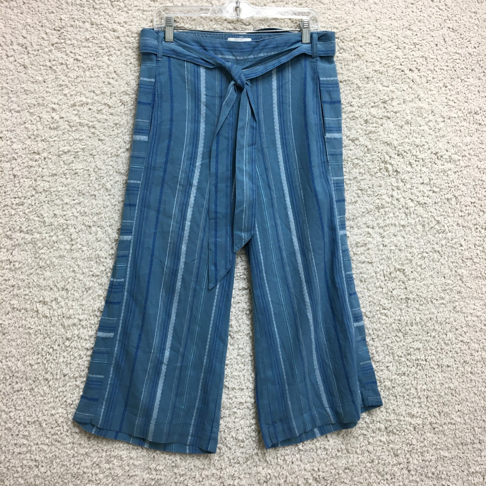 Anthropologie Pants Small Womens Blue Linen Laguna Cropped Wide Leg Striped Belt