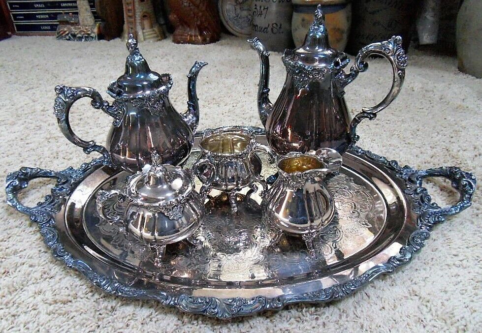 Wallace Baroque Silverplate 6 Piece Coffee Tea Set with Tray