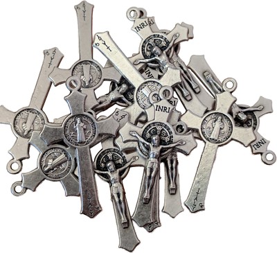 Set Of 15 St. Benedict Crucifix Cross Rosary Pendants - Silver Tone, 1.45 Inch, Metal