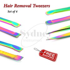Set of 4 Multi Color Tweezers Slanted Round  Fine Pointed Tweezer Eyelash