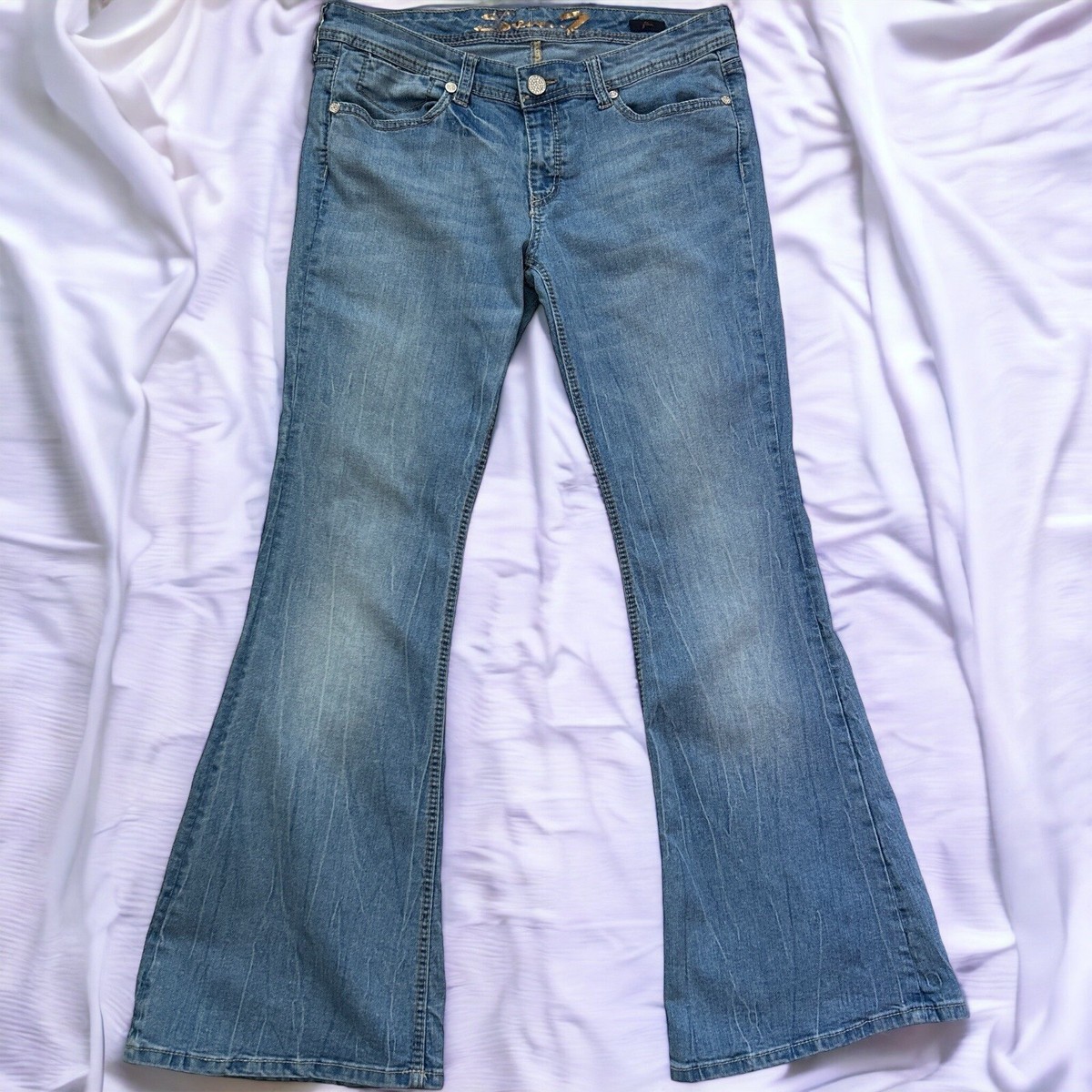 Vintage Seven7 Sz 14 Women's Y2K Flare Jeans Gem Stud Button