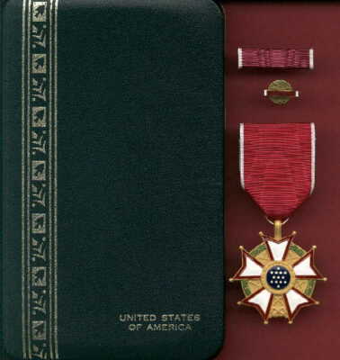 Legion of Merit Award medal with ribbon bar and  lapel pin in case LOM