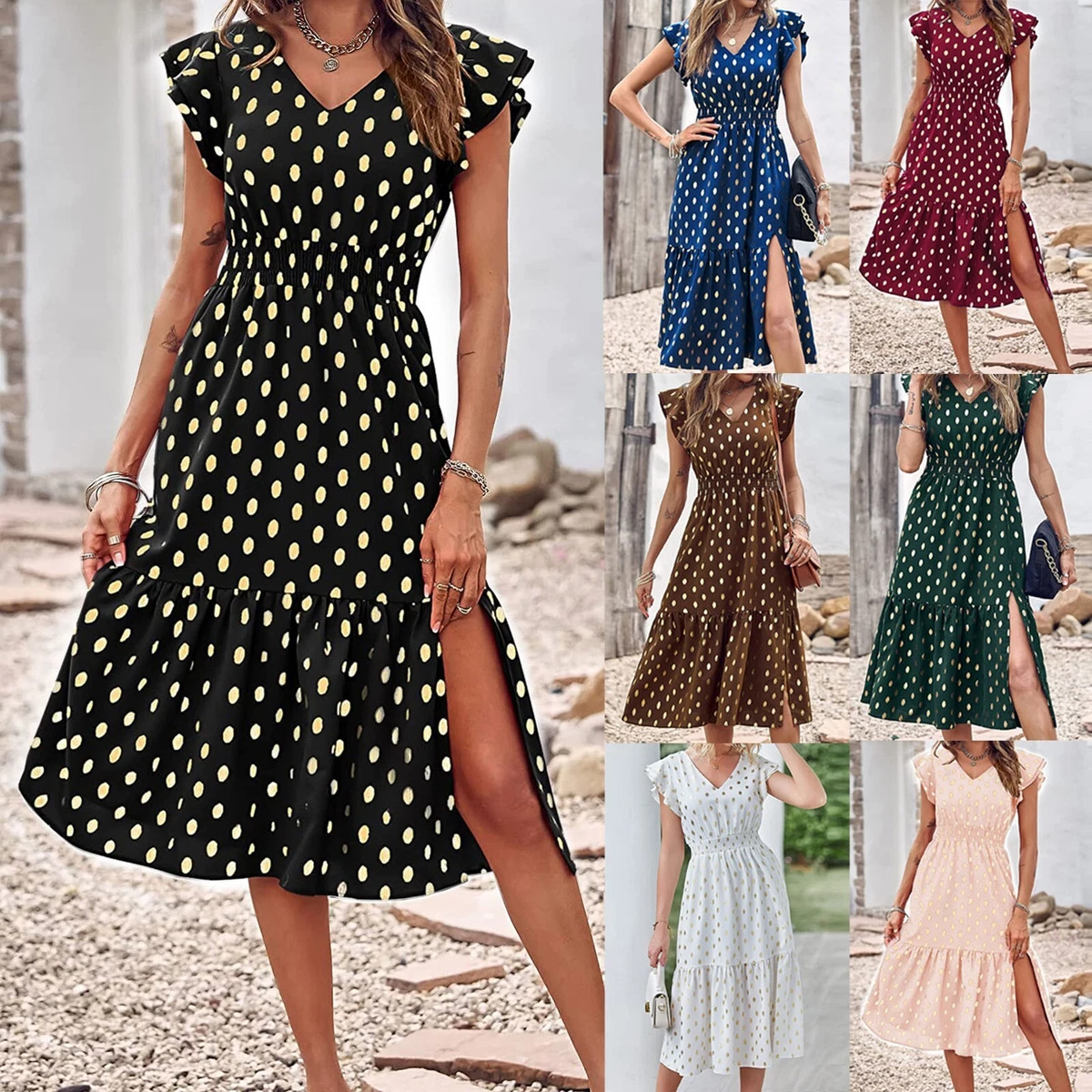 Women Summer Polka Dot Ruffle Sleeveless V Neck Flowy Midi Dress