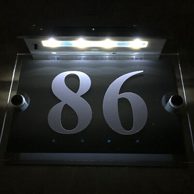 Custom Solar Powered House Number Sign – LED Illuminated Address Plaque With Acrylic Glass Face, Aluminum Back, Stainless Steel Fixings, Waterproof IP55, 200mm/130mm