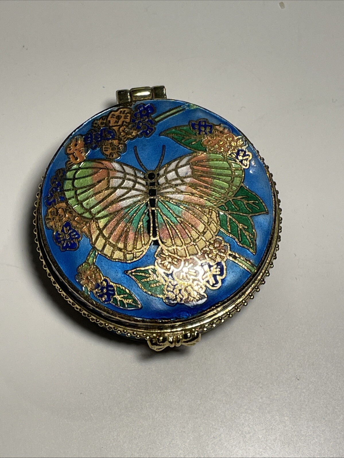 Cloisonne Trinket Box Butterfly Enamel Round Hinged Sky Blue  Metal Pill Box Vtg