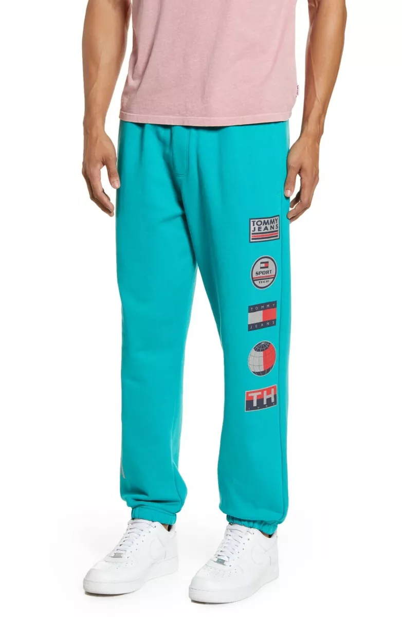 Tommy Hilfiger Denim Men s Teal Green Sport Tech Logo Print Fleece Sweatpants