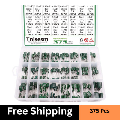 375 Pcs 24 Value Metalized Mylar Polyester Film Capacitors Assortment Kit 0.22Nf