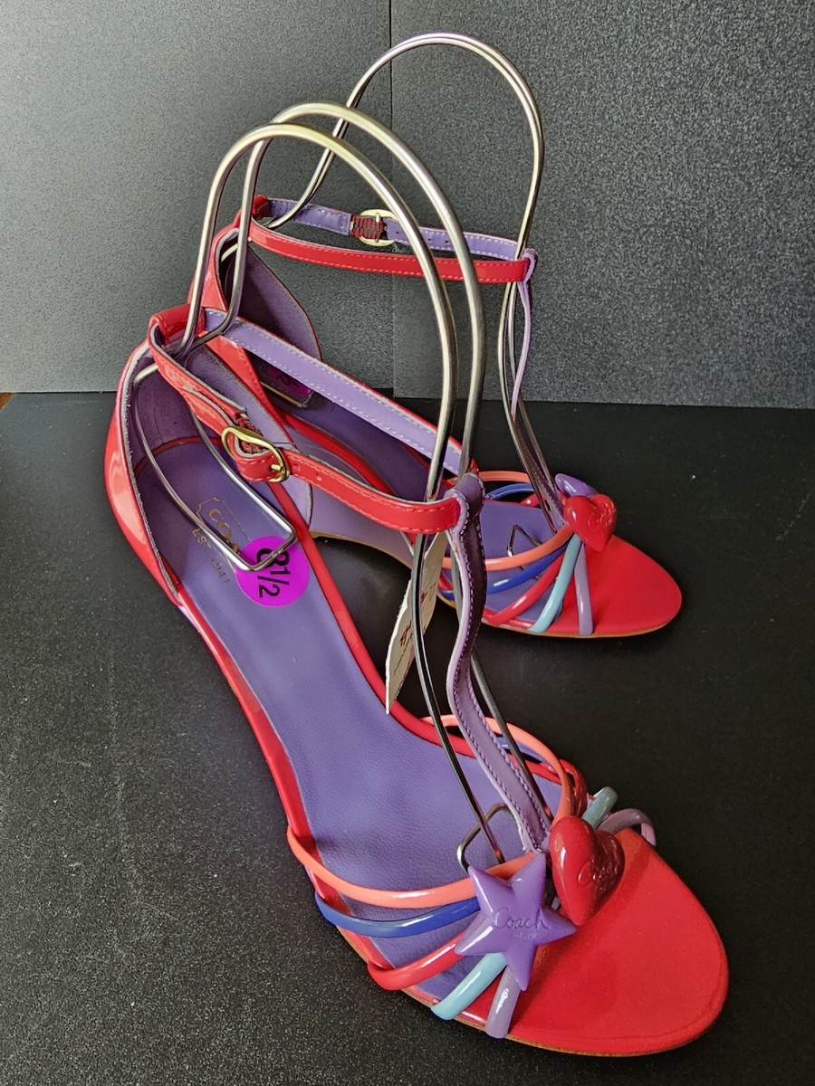 COACH Tisha Purple/Red Patent Leather Strappy Wedge Sandal Shoe