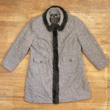 Vintage Speckled Tweed Wool Blend Coat Size XL 1990s Faux Fur Trim Herringbone