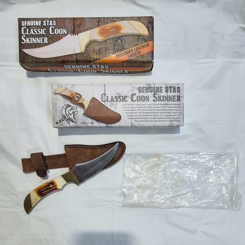 Classic Coon Skinner 3.5in Stainless Straight Edge Bone Handle Knife Sheath