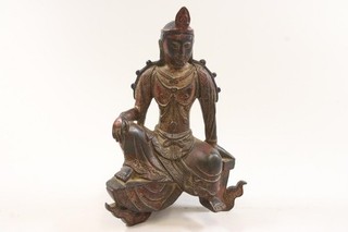 Sitzende Guanyin Bronze Figur Reste alter Lackfassung China 19.Jhd (IG213)