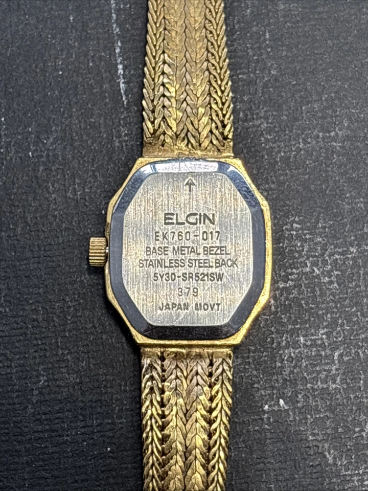 Reloj de cuarzo vintage dorado con diamantes Elgin esfera negra correa tejida Foto 2 de 4
