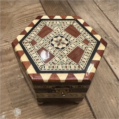 Hexagonal Wooden Trinket Box with Geometric Inlay, Mirror, and Latch Closure
