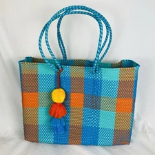 Oaxaca Mexico Hand Woven Recycled Plastic Large Market / Beach Tote Bag w/PomPom