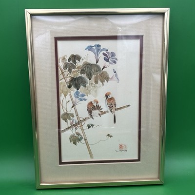 S. Chang Signed Original Watercolor Painting Sparrow Morning Glory Gold Framed  
