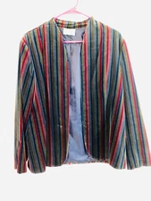 Tan Jay Vintage Blue Red Green Striped Soft Plush Over Coat Women's Medium
