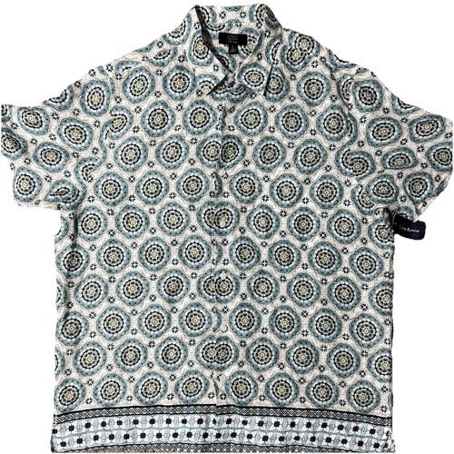 Club Room Men's Geometric Medallion Linen Luxury Shirt Navy Blue Green Size XL - Picture 4 of 12
