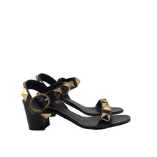 Valentino Garavani Roman Stud Sandals Leather Mid Heel Black Gold Size 38.5