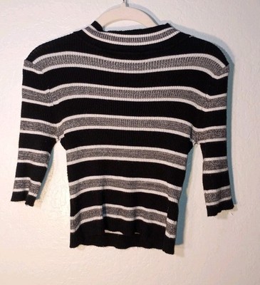 The Slope Striped Ribbed Mock Neck Top 90s Style 3/4 Sleeve Size S
