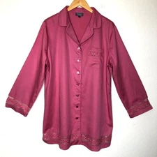 Julianna Rae Top Long 100% Cotton Sateen Button Down Pajama Top Pink Lace XL