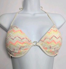 Victoria's Secret VS Bikini Top Neon Pink Yellow Chevron White Metal Push Up 34C